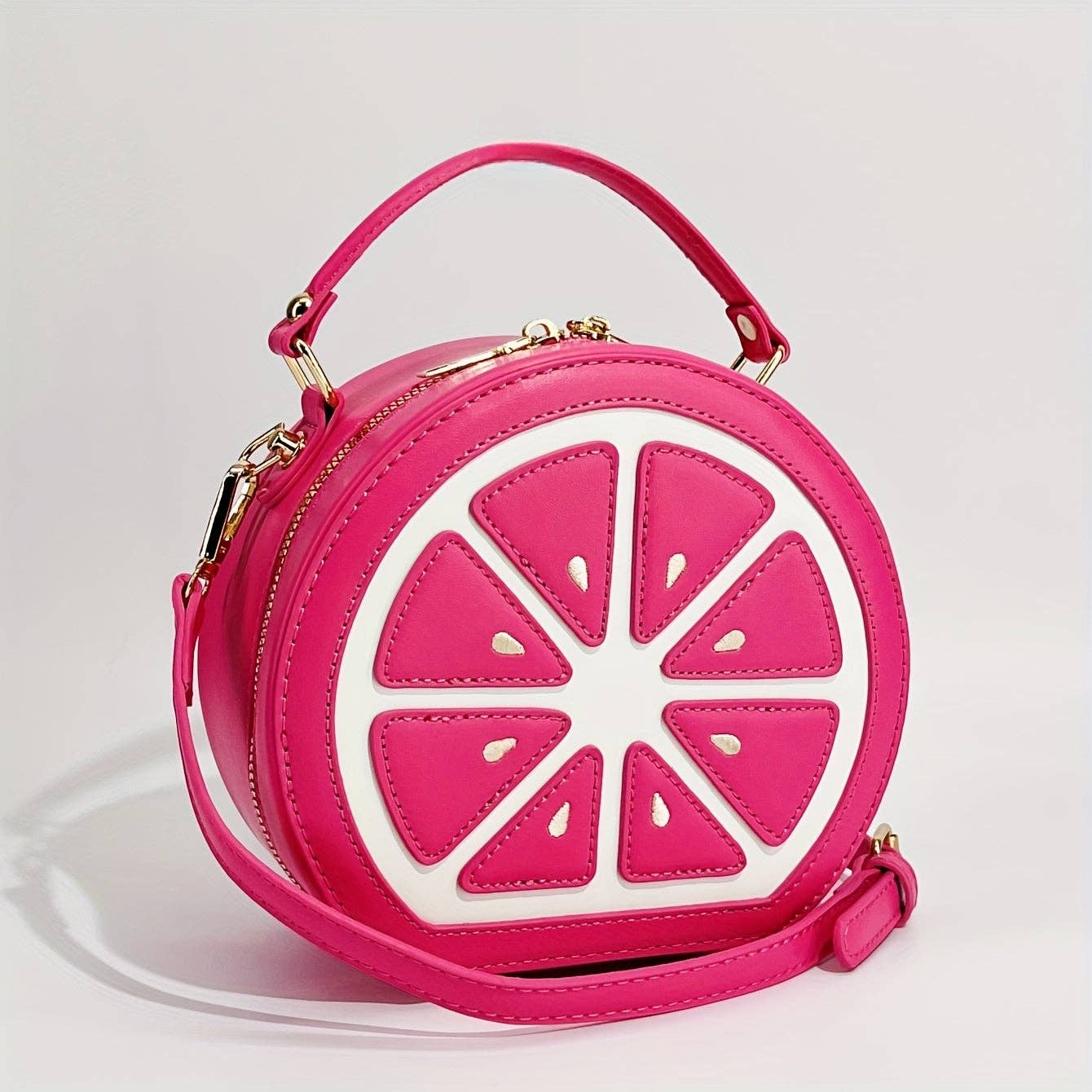 Fashionable Y2K Lemon-Shaped Crossbody Bag for Women, Embroidered Geometric Pattern, with Adjustable Strap, Zipper Closure, Polyester Lined, Painted Edges, Messenger Style Shoulder Handbag