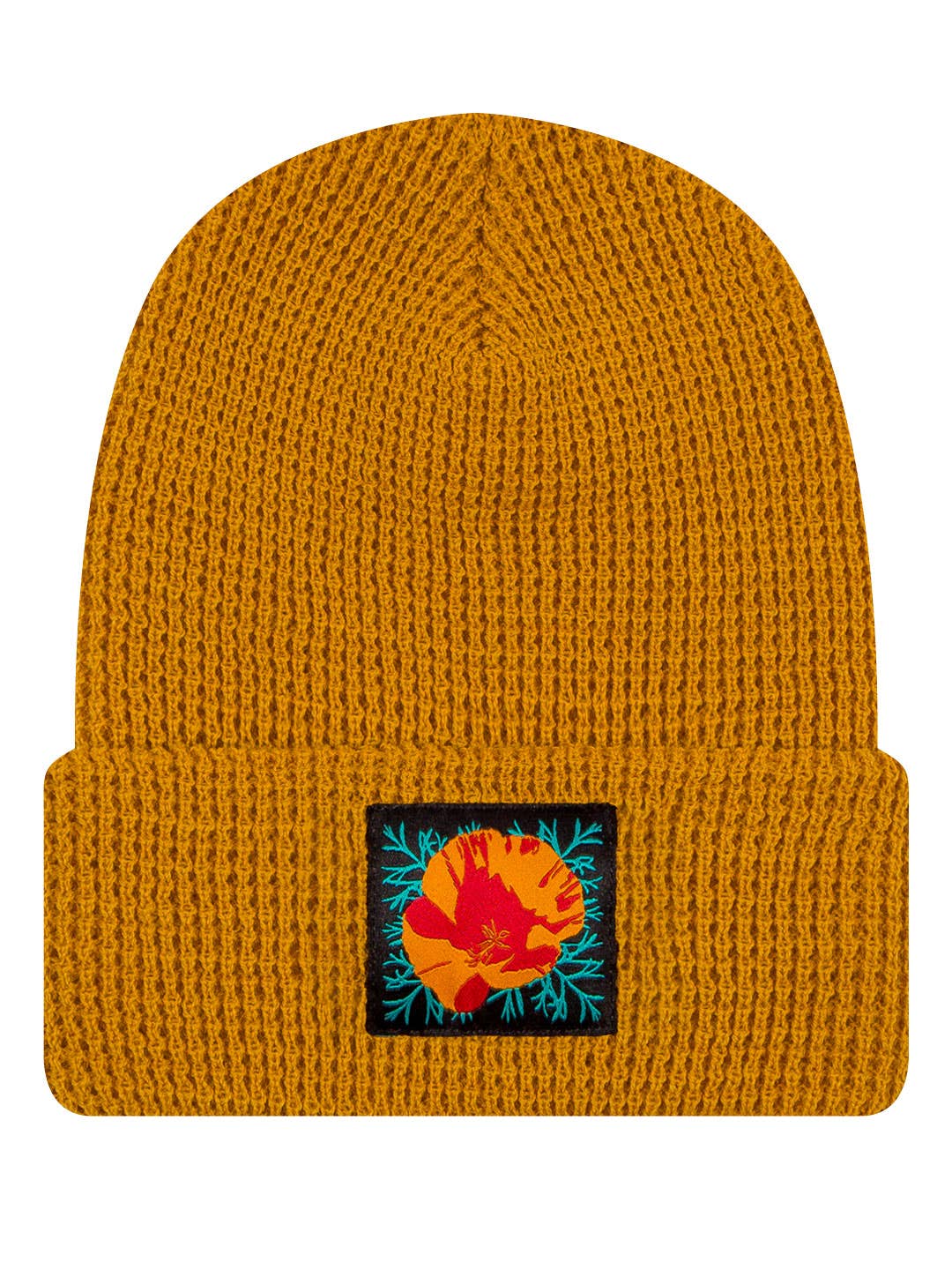 Poppy Flower Waffle Knit Beanie — Mustard