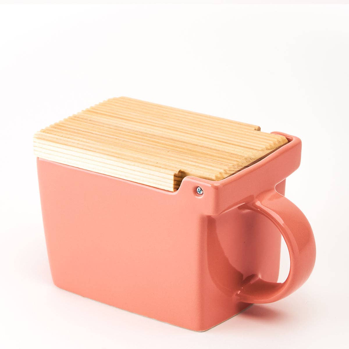 Bee House Ceramic Salt Box With Wooden Lid - Coral Pink
