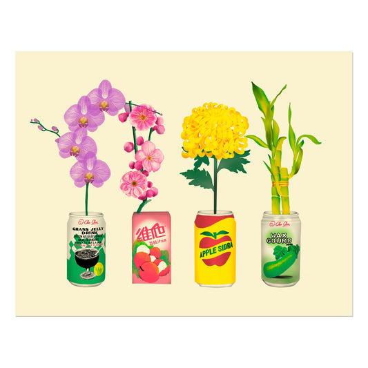 Mahjong Flowers in Asian Drink Cans — Art Print by Felicia Liang (Archival Matte, 230 gsm)