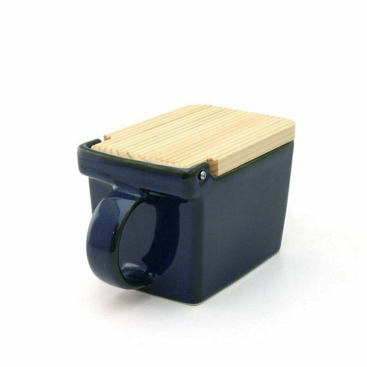 Bee House Ceramic Salt Box With Wooden Lid - Jeans Blue