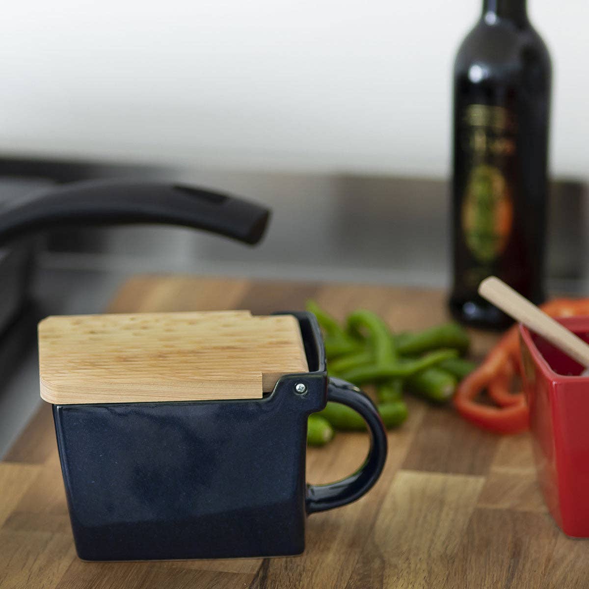 Bee House Ceramic Salt Box With Wooden Lid - Jeans Blue