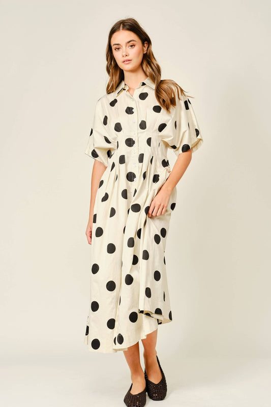 Aaron & Amber - AJD6132 STRETCH POLKA DOT PINTUCK MIDI SHIRTS DRESS - Dear John