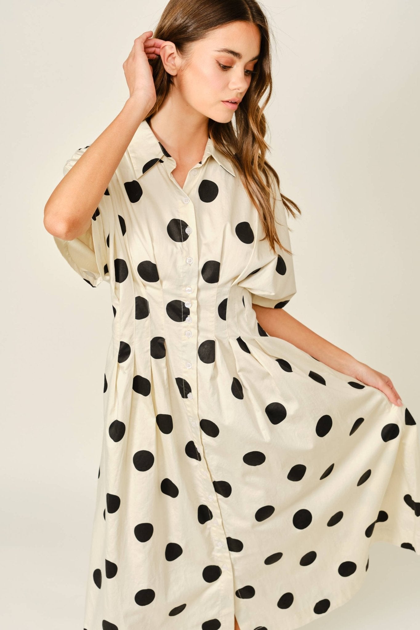 Aaron & Amber - AJD6132 STRETCH POLKA DOT PINTUCK MIDI SHIRTS DRESS - Dear John