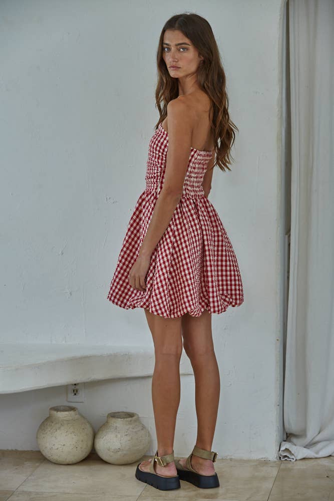 By Together - L9417 | Woven Polyester Gingham Print Smocking Tube Mini - Dear John
