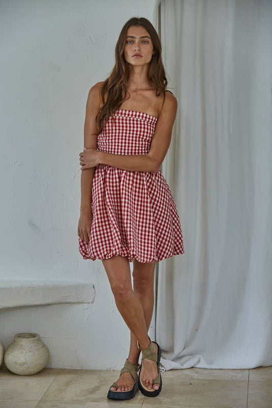 By Together - L9417 | Woven Polyester Gingham Print Smocking Tube Mini - Dear John