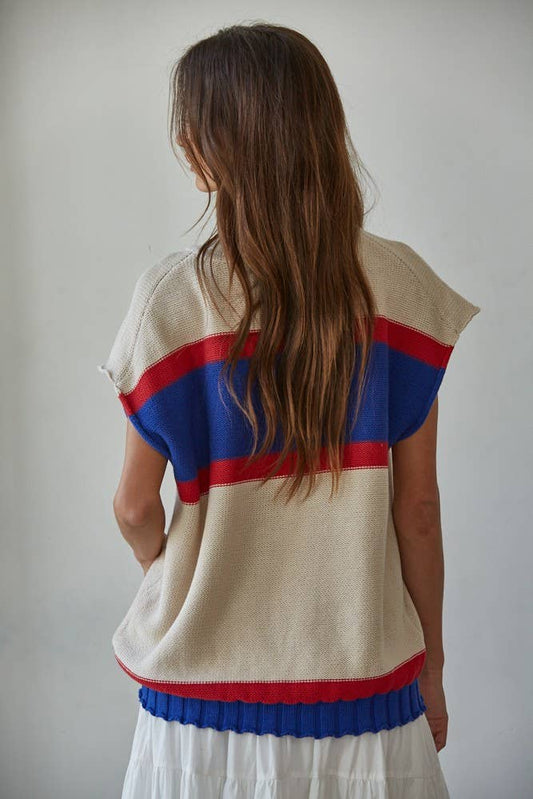 By Together - W2126 | Knit Sweater Cotton Printed Striped V - Neck Vest - Dear John