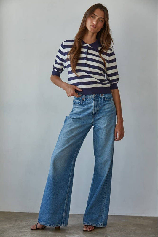 By Together - W2262 | Knit Sweater Striped Half Button Up Collar Neck Top - Dear John