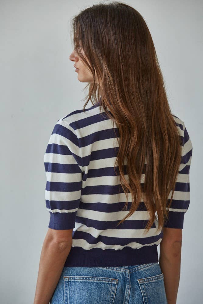 By Together - W2262 | Knit Sweater Striped Half Button Up Collar Neck Top - Dear John