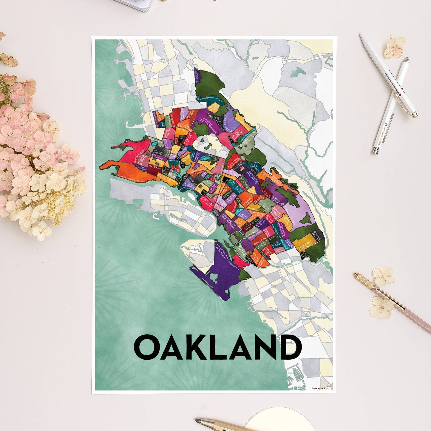 Oakland Neighborhoods Map — Hand-Illustrated Art Print (Unframed)