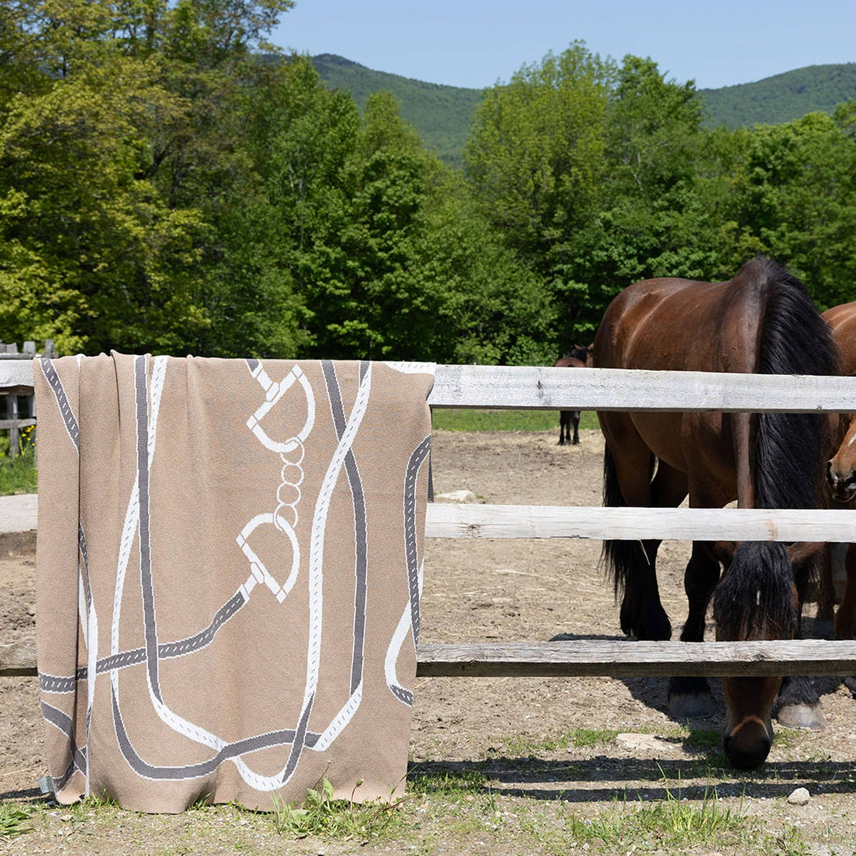 Cotton Sustainable Knit Patterned Throw Blanket - Equestrian Tack - Dear John