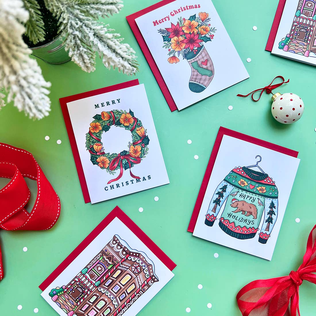California Poppy Christmas Wreath Boxed Cards - Set of 6