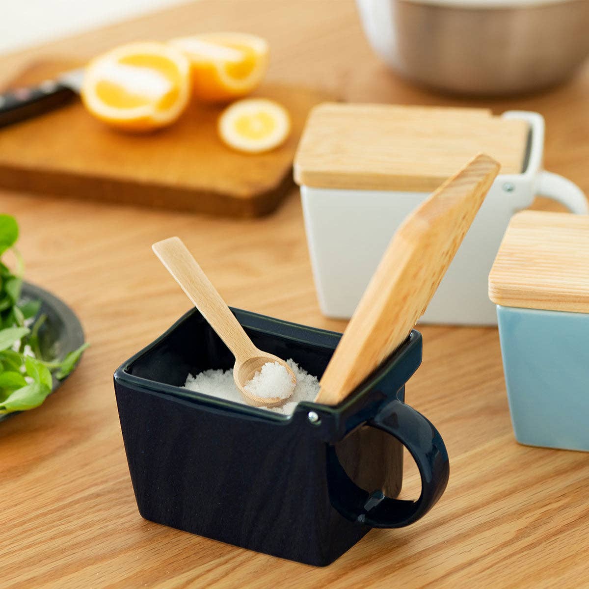 Bee House Ceramic Salt Box With Wooden Lid - Jeans Blue