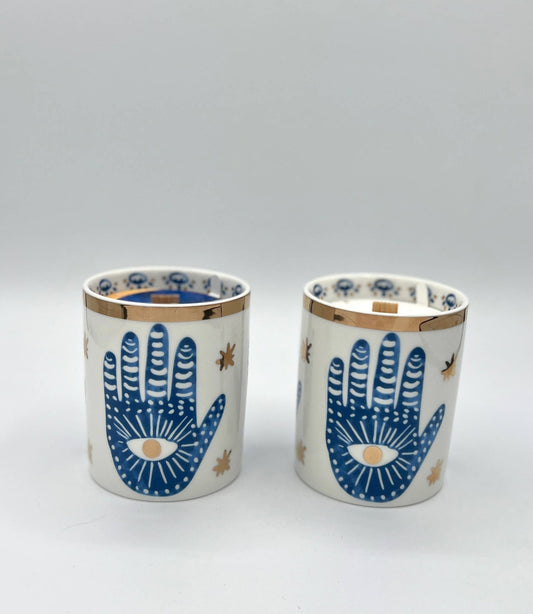 Gold & Blue White Ceramic Hamsa Scented Candle - Dear John