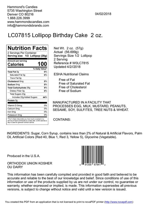 Hammond's Candies - Handmade Lollipop w/ Bow - Birthday Cake - 2 oz - Dear John