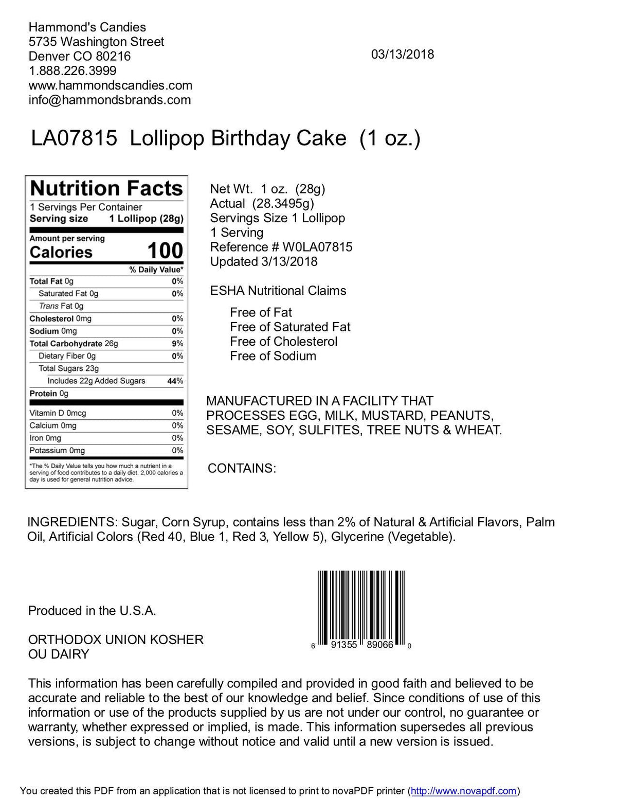 Handmade Lollipop - Birthday Cake - 1 oz - Dear John