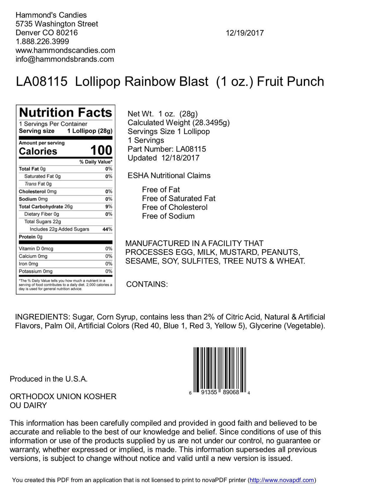 Handmade Lollipop - Rainbow Blast Fruit Punch - 1 oz - Dear John