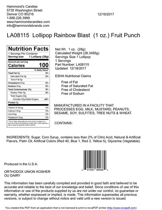 Handmade Lollipop - Rainbow Blast Fruit Punch - 1 oz - Dear John