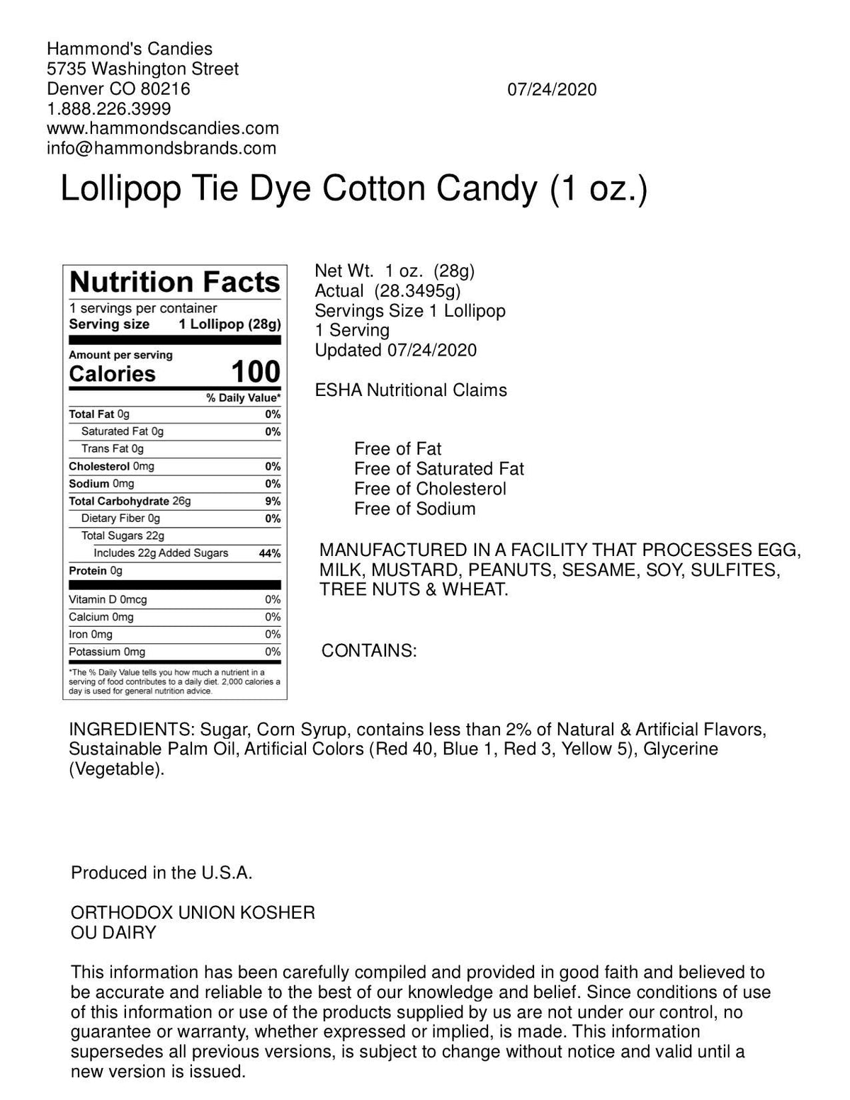 Handmade Lollipop - Tie Dye Cotton Candy - 1 oz - Dear John