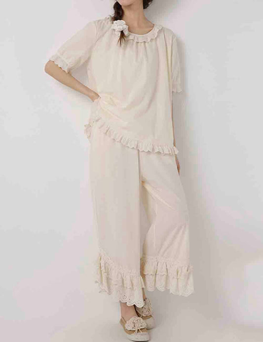 Ladies Solid Color Ruffle Eyelet Pull - On Pants - Dear John