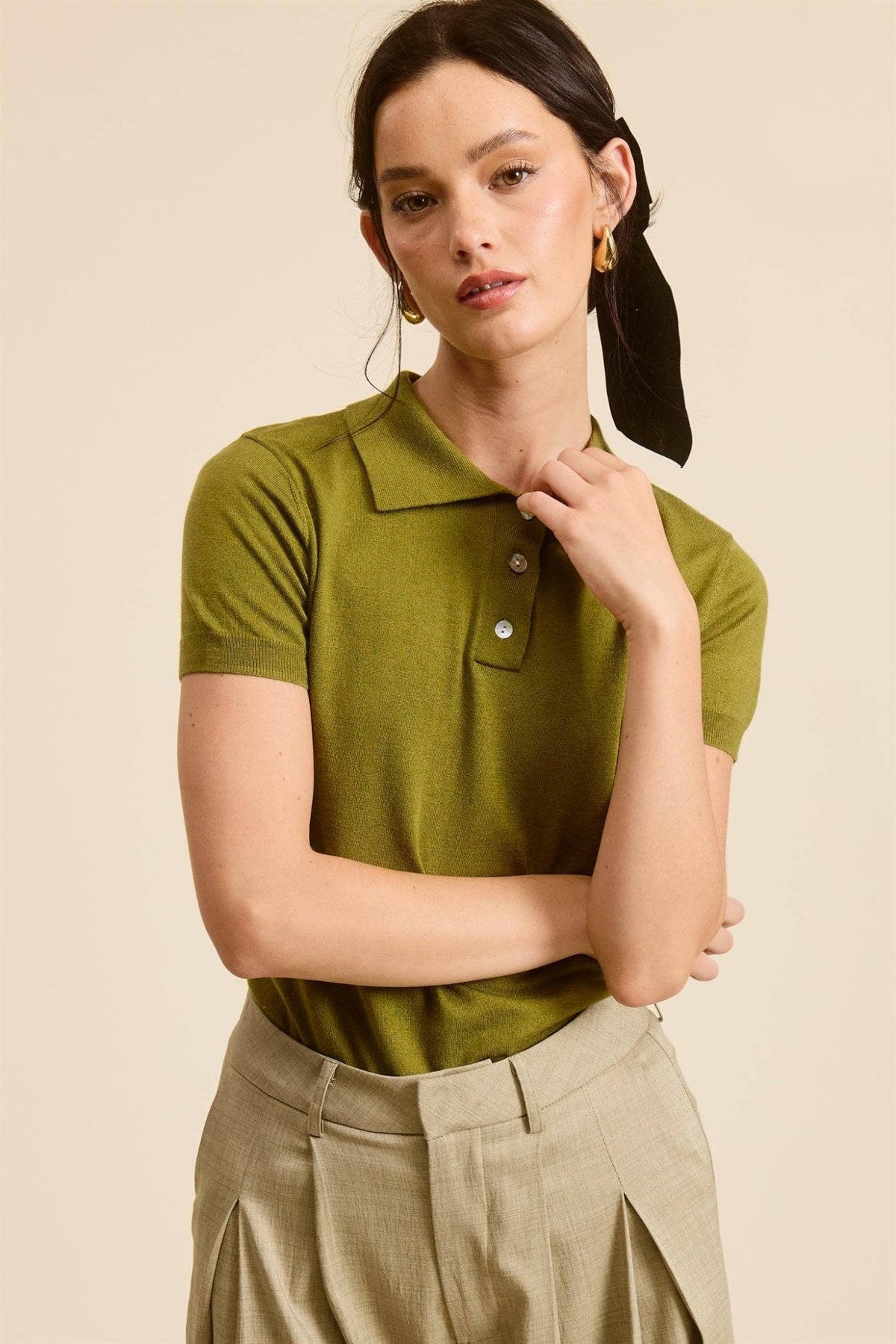 Mimosa - Buttoned Collar Short Sleeve Knit Polo Top - Dear John