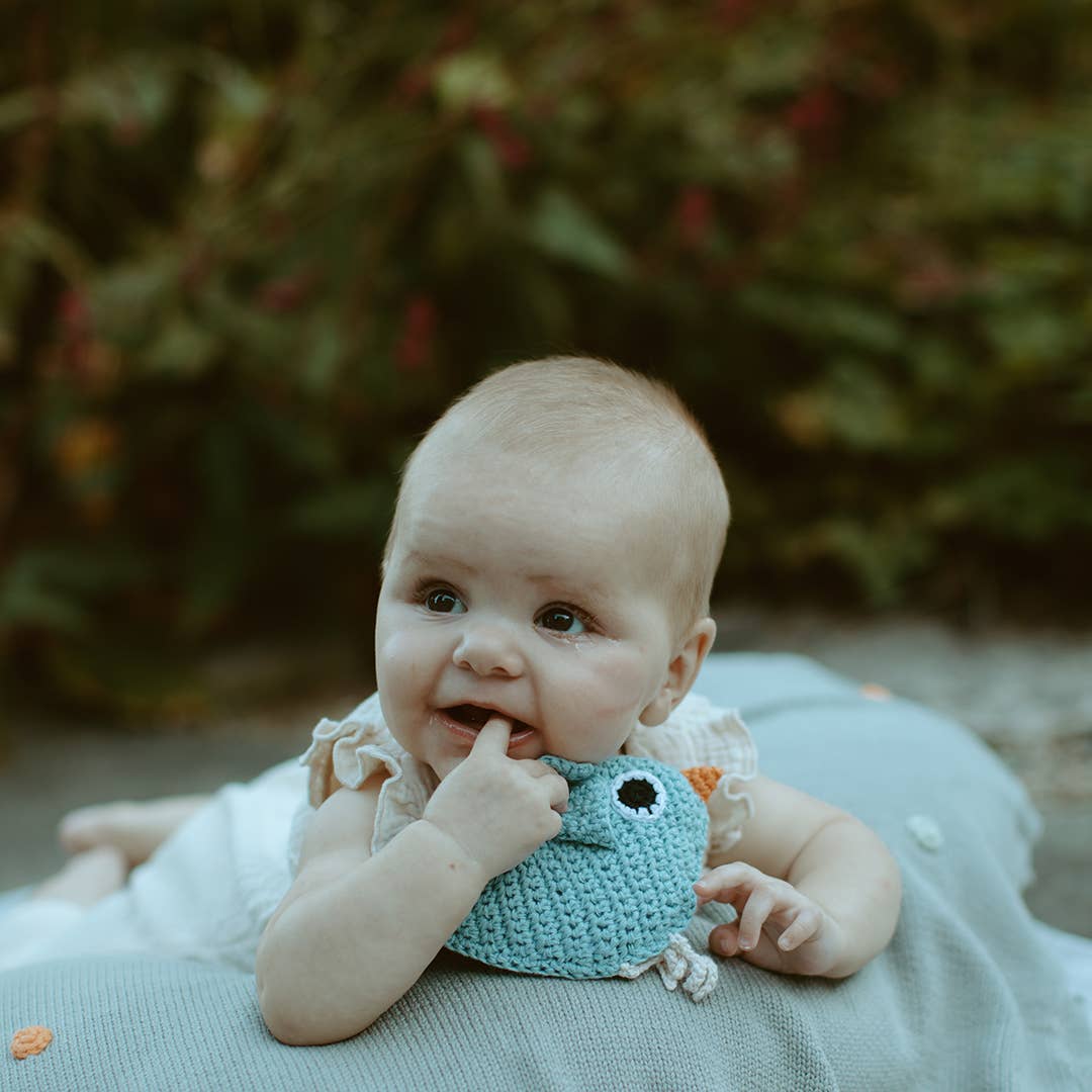Pebble - Baby Blue Bird Rattle – Handmade Organic Cotton Baby Toy - Dear John