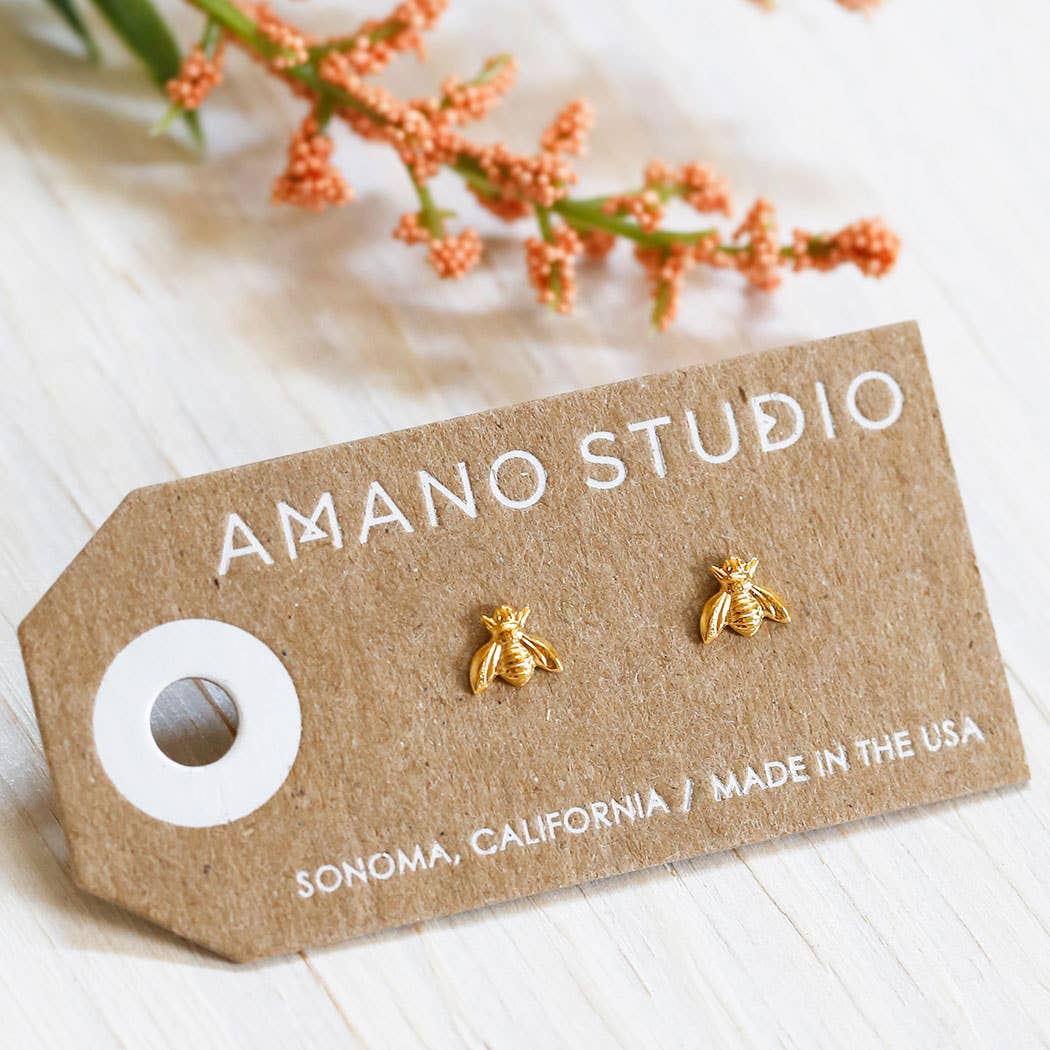 Tiny Bee Stud Earrings — Heavy 14k Gold Plate (7–10 µm), USA Vintage Molds - Dear John