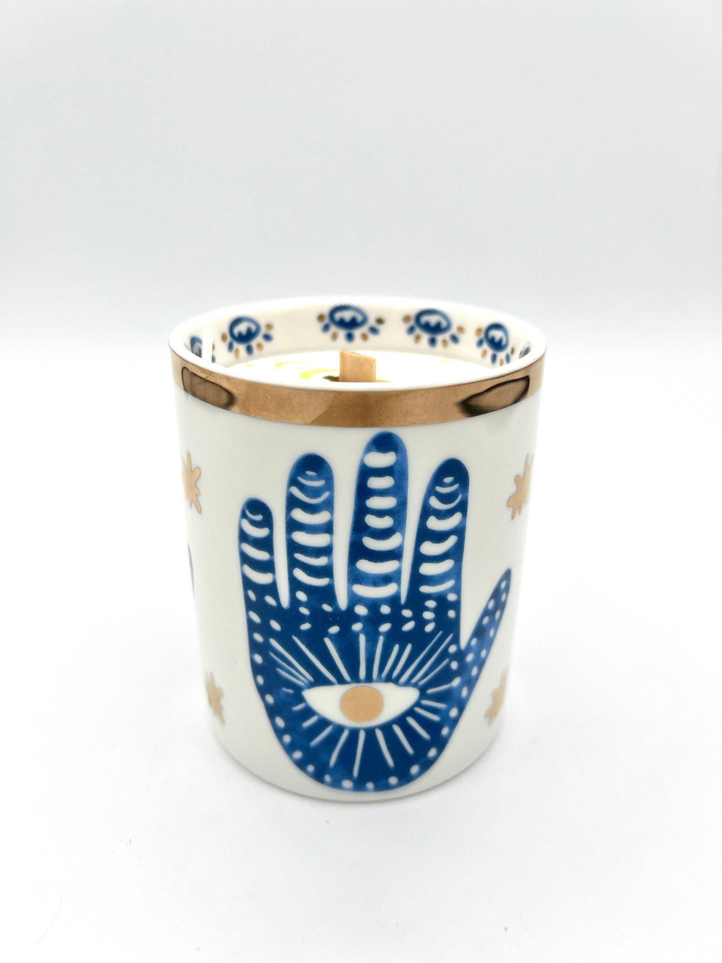 Gold & Blue White Ceramic Hamsa Scented Candle