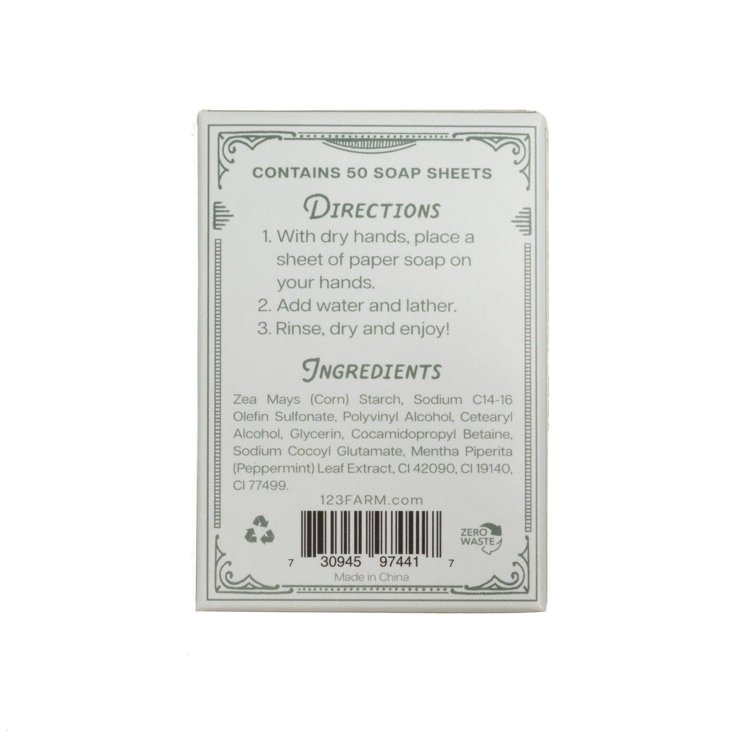 123 Farm - Paper Soap – Sweet Peppermint Scent, Travel Size, 50 Sheets - Dear John