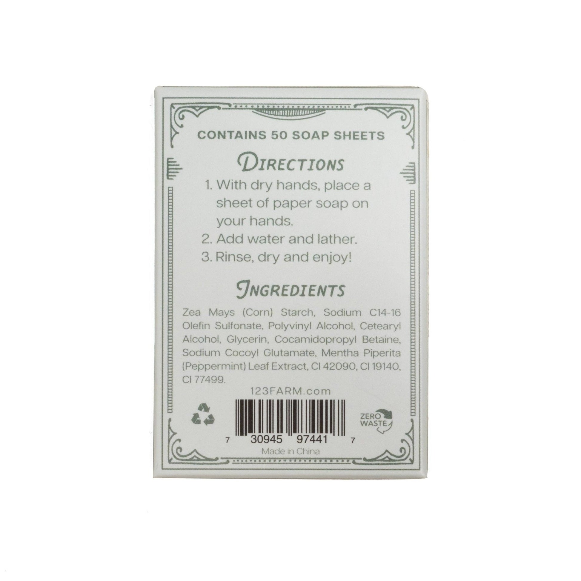 123 Farm - Paper Soap – Sweet Peppermint Scent, Travel Size, 50 Sheets - Dear John