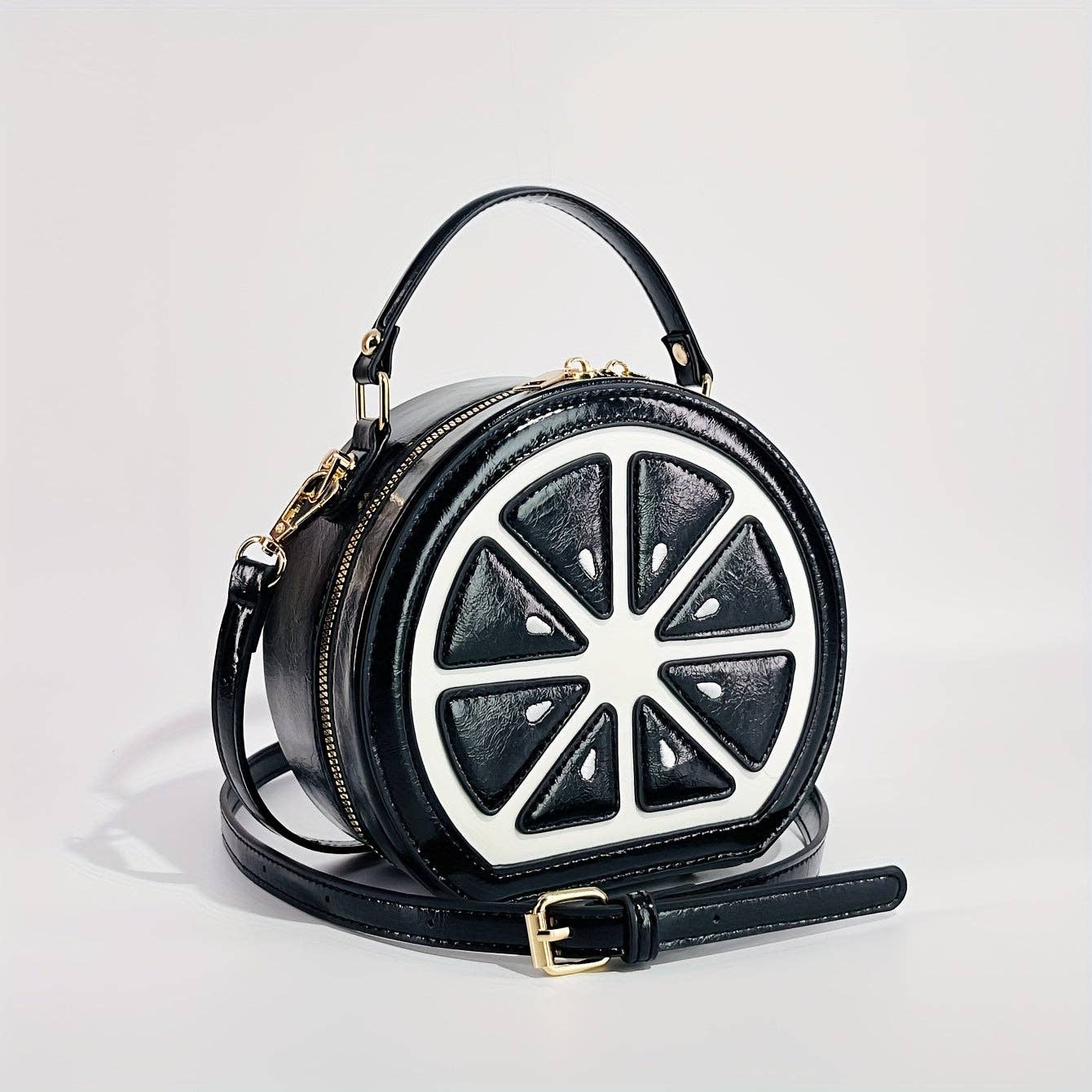 Fashionable Y2K Lemon-Shaped Crossbody Bag for Women, Embroidered Geometric Pattern, with Adjustable Strap, Zipper Closure, Polyester Lined, Painted Edges, Messenger Style Shoulder Handbag