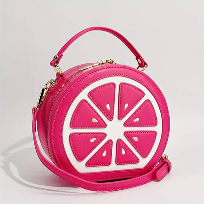 Fashionable Y2K Lemon-Shaped Crossbody Bag for Women, Embroidered Geometric Pattern, with Adjustable Strap, Zipper Closure, Polyester Lined, Painted Edges, Messenger Style Shoulder Handbag