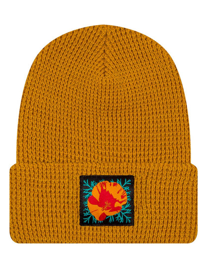 Poppy Flower Waffle Knit Beanie — Mustard