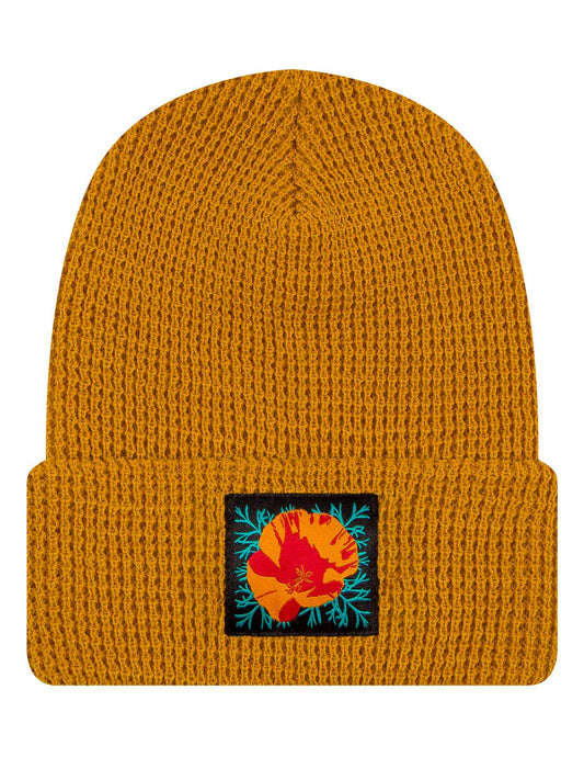 Poppy Flower Waffle Knit Beanie — Mustard