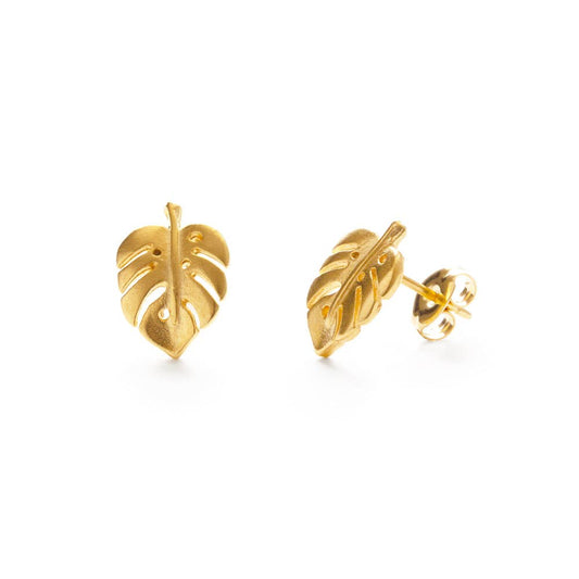 Monstera Leaf Stud Earrings — 24k Heavy Gold Plate (7–10 mil)