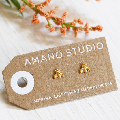 Tiny Bee Stud Earrings — Heavy 14k Gold Plate (7–10 µm), USA Vintage Molds