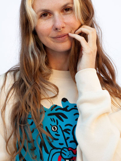 Blue Tiger Crewneck — Cream by Kristina Micotti