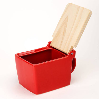 Bee House Ceramic Salt Box With Wooden Lid - Tomato