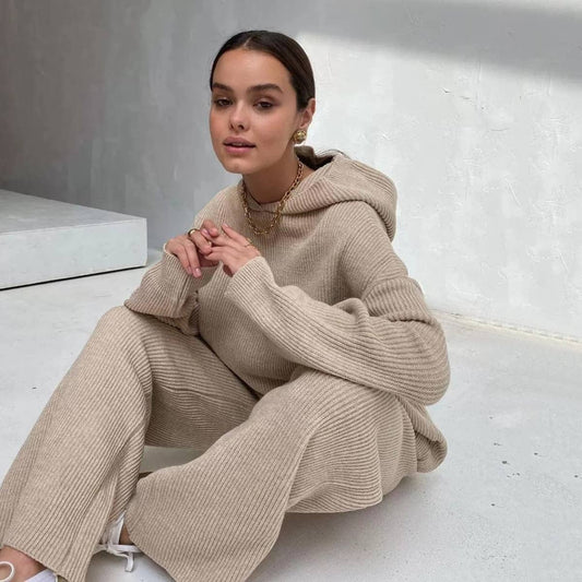 Solid Color Hoodie Top and Pant Set Sweater Set 9263