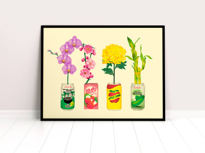 Mahjong Flowers in Asian Drink Cans — Art Print by Felicia Liang (Archival Matte, 230 gsm)