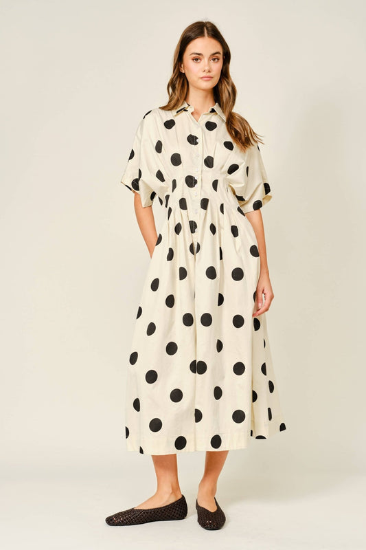 Aaron & Amber - AJD6132 STRETCH POLKA DOT PINTUCK MIDI SHIRTS DRESS - Dear John