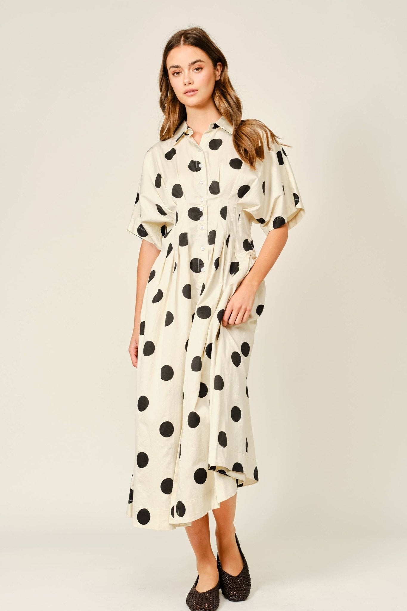 Aaron & Amber - AJD6132 STRETCH POLKA DOT PINTUCK MIDI SHIRTS DRESS - Dear John