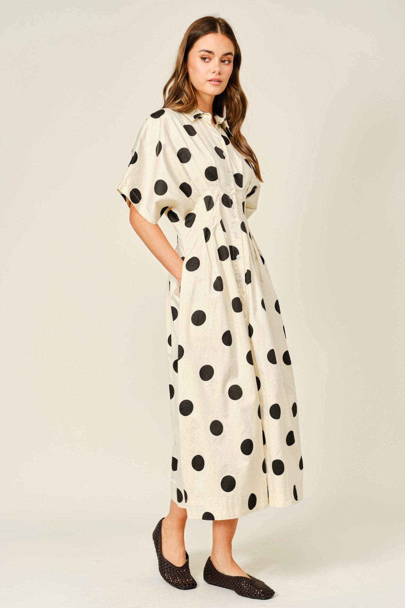 Aaron & Amber - AJD6132 STRETCH POLKA DOT PINTUCK MIDI SHIRTS DRESS - Dear John