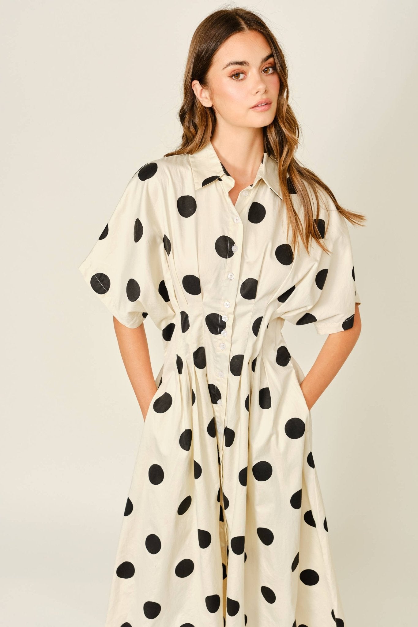 Aaron & Amber - AJD6132 STRETCH POLKA DOT PINTUCK MIDI SHIRTS DRESS - Dear John