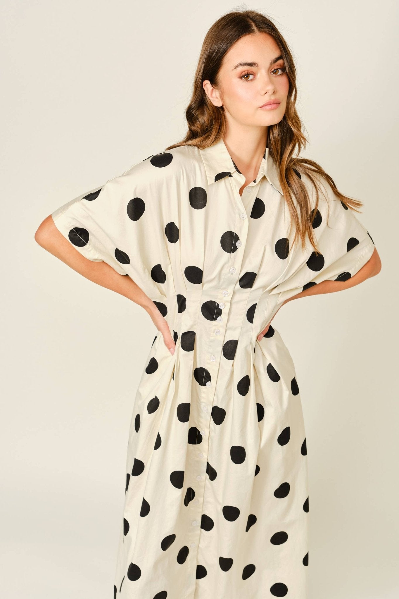 Aaron & Amber - AJD6132 STRETCH POLKA DOT PINTUCK MIDI SHIRTS DRESS - Dear John