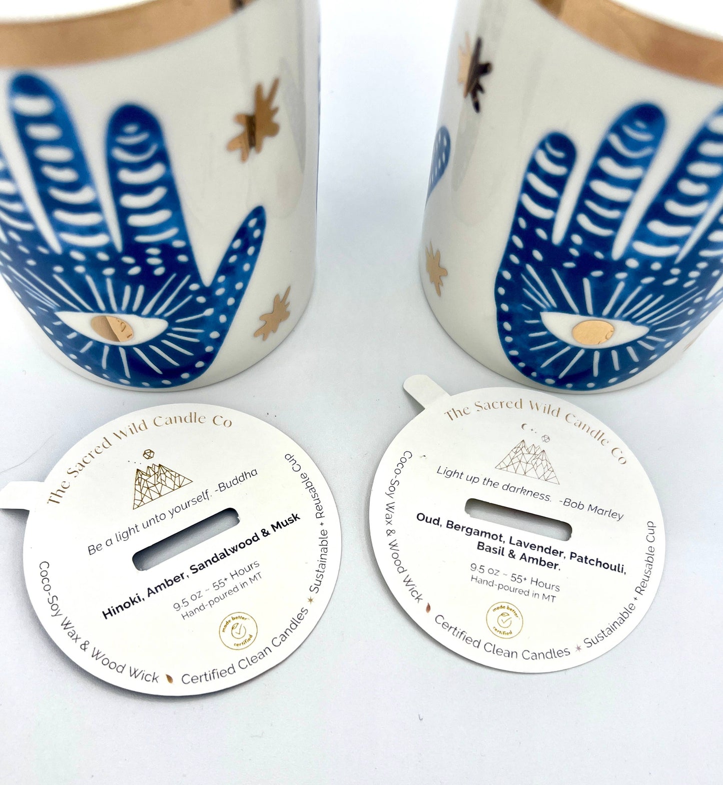Gold & Blue White Ceramic Hamsa Scented Candle