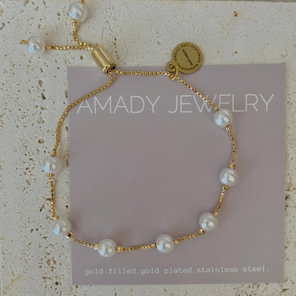 Amady Jewelry - Pearls Adjustable Beaded Bracelet 18k Gold Filled boxy chain - Dear John
