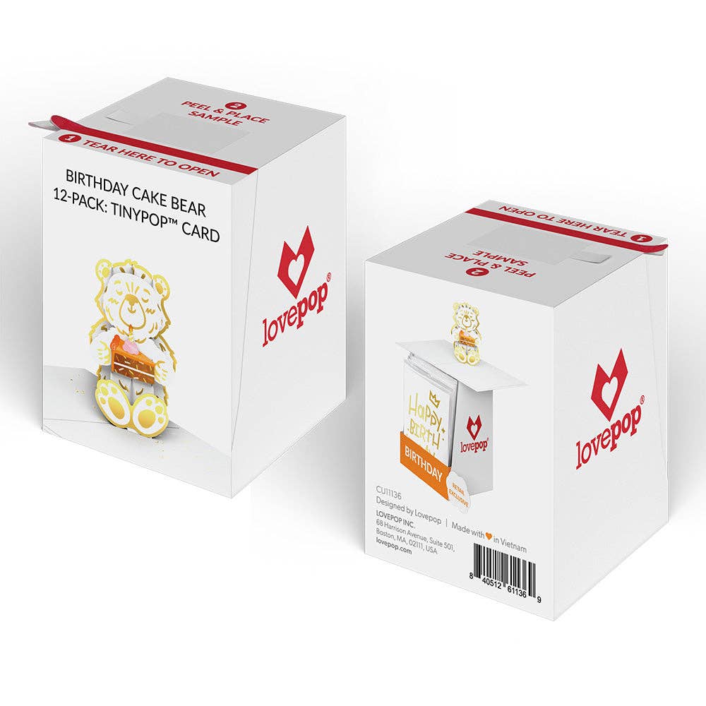 Birthday Cake Bear 12 - Pack: Tinypop Card 2 x 2.8" - Dear John