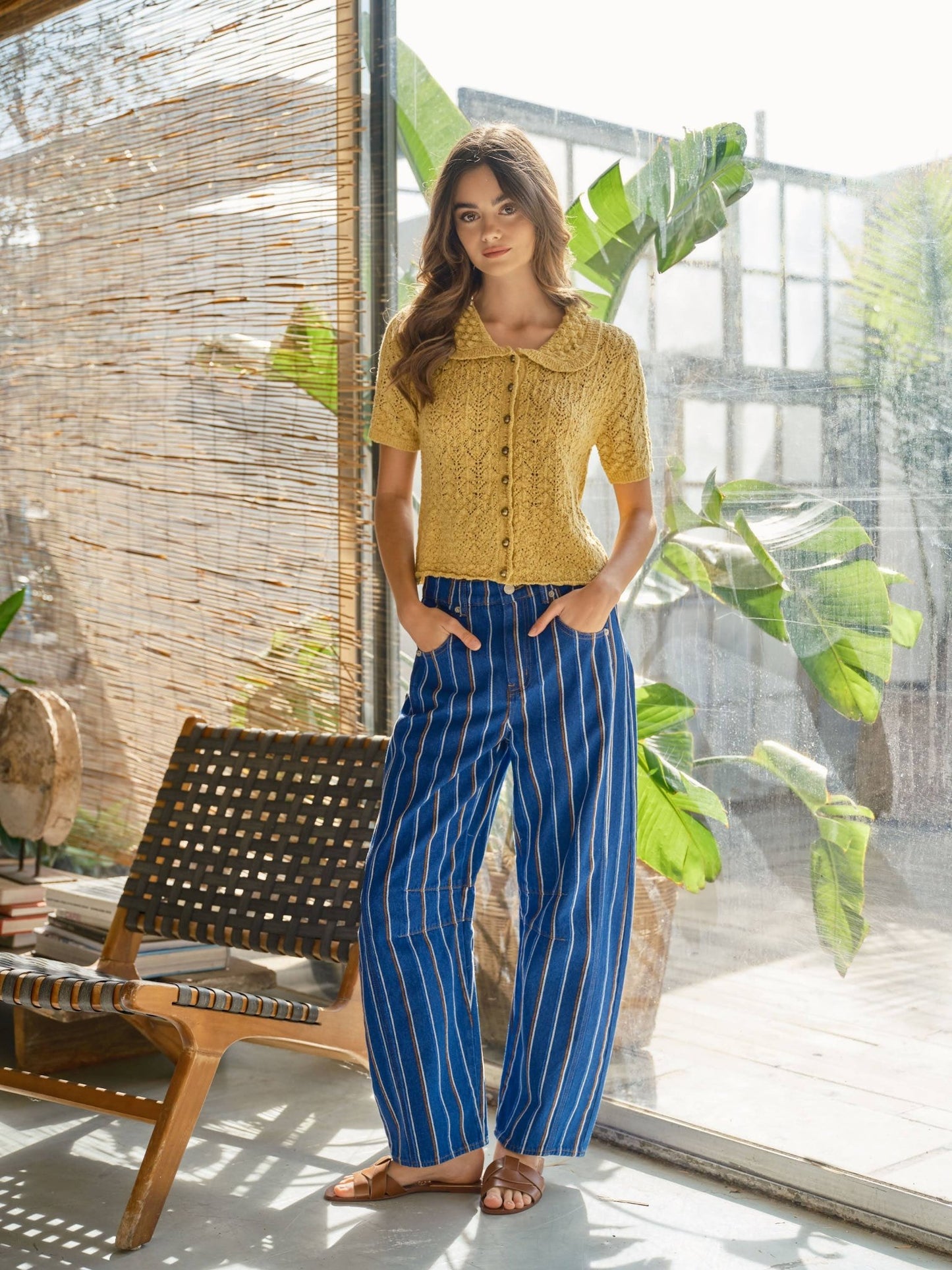 BRUSHED STRIPE DENIM BARREL PANTS - Dear John