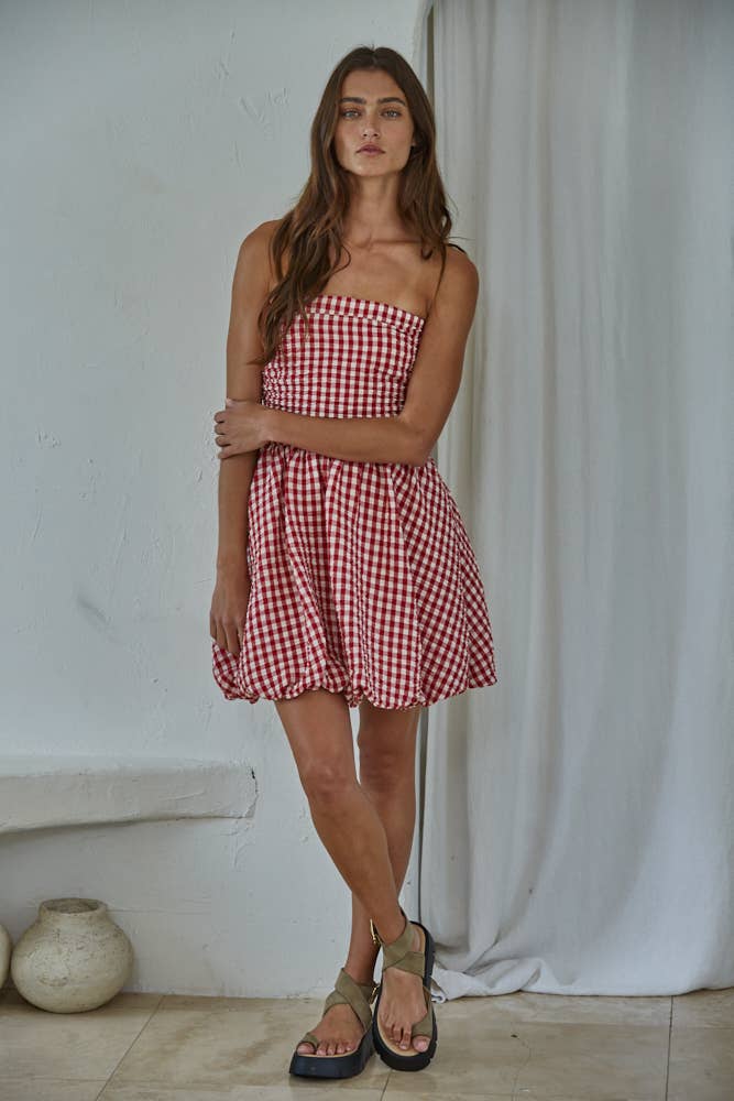 By Together - L9417 | Woven Polyester Gingham Print Smocking Tube Mini - Dear John